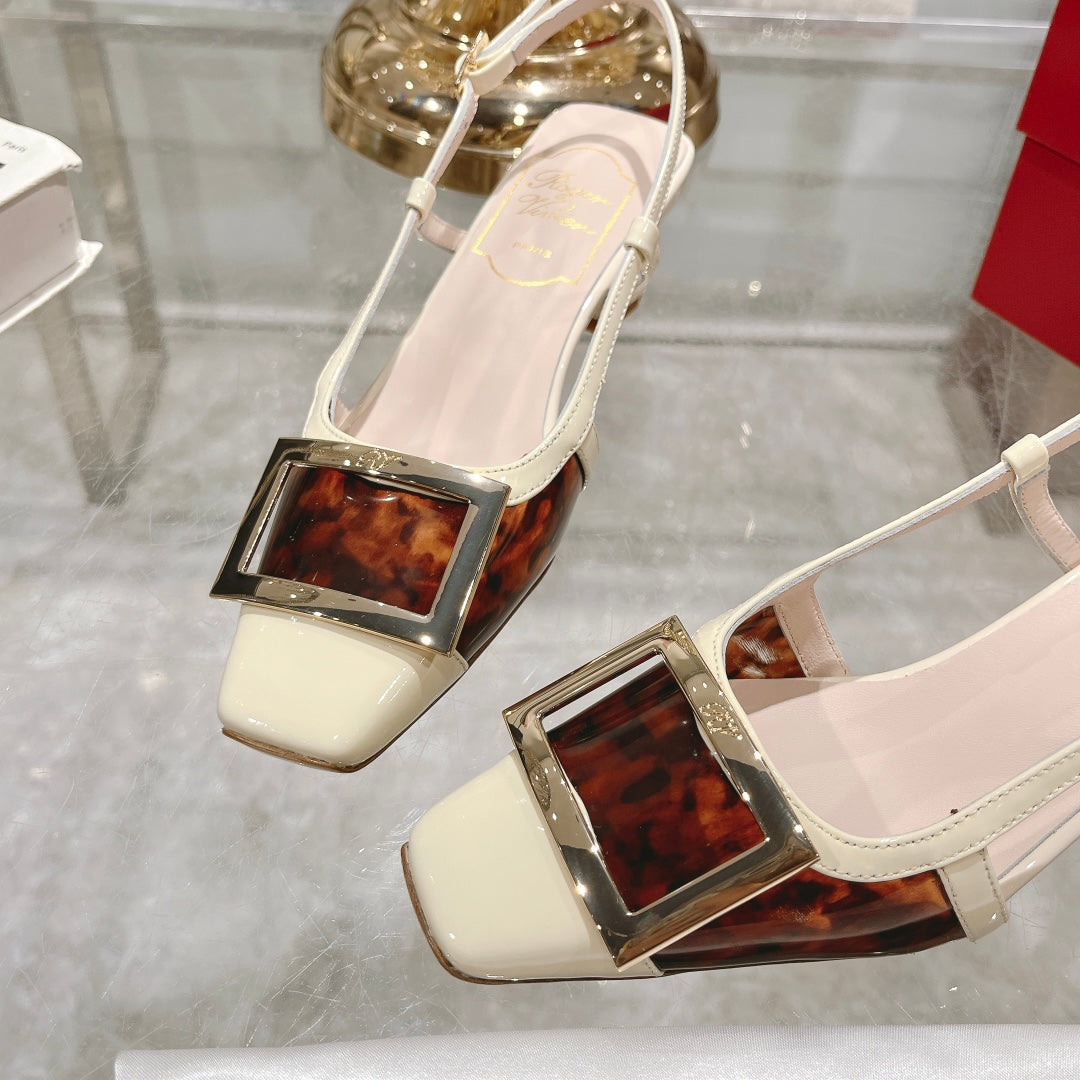 Belle Viv Metal Buckle Slingback Pumps 45 White Patent Leather