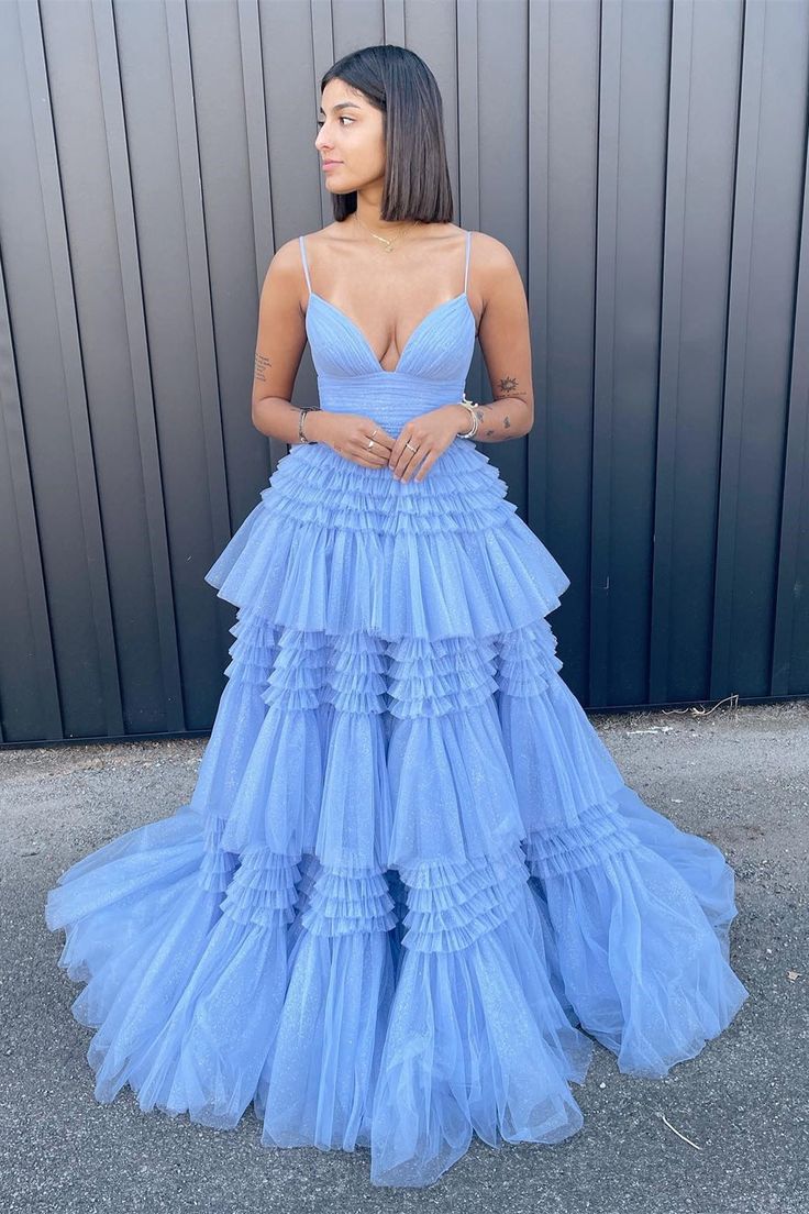V Neck Layers Tulle Long Ball Gown A Line Spaghetti Strap Evening Dresses