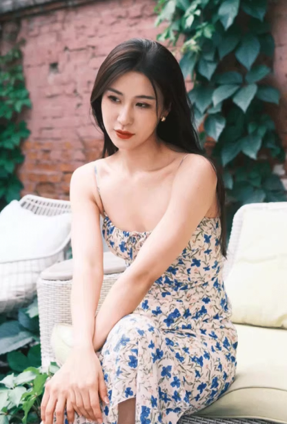 Dress Blue Butterfly Holiday Floral Waist Slimming Hip Sling Long Dress R2907