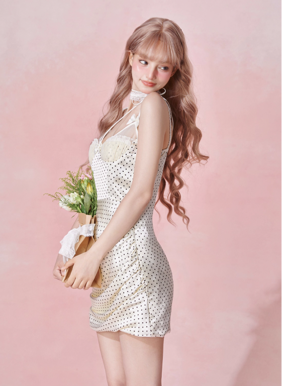 Ruffle hem hollow pleated waist retro polka dot suspender dress R5252