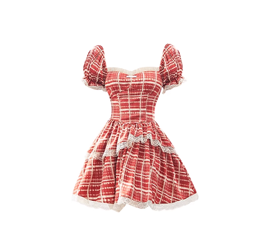 Summer new red plaid lace sweet hot girl skirt female waist sweet slim dress princess tutu skirt R0120