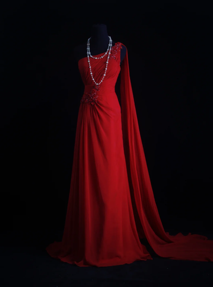 Classy One Shoulder Red Chiffon Beaded Mermaid Long Party Dress Formal Wedding Guest Dress D1997