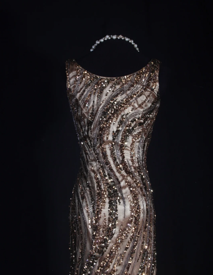 Retro Dark Brown Sleeveless Satin Sequin Beaded Long Evening Dress Birthday Dress D2290