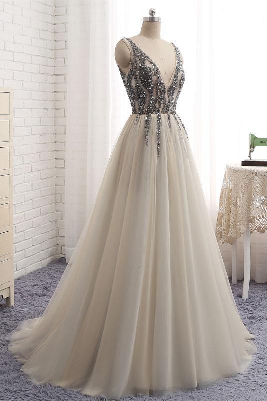 Sexy Deep V-neck Bling Sleeveless Tulle Prom Dress with Sequins,Formal Dresses M1242