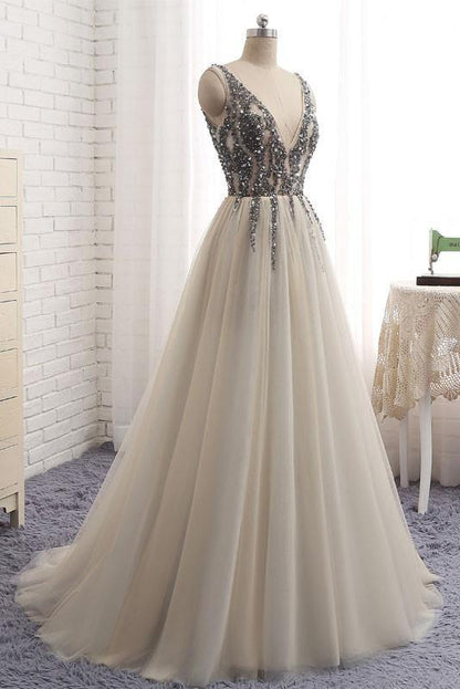 Sexy Deep V-neck Bling Sleeveless Tulle Prom Dress with Sequins,Formal Dresses M1242