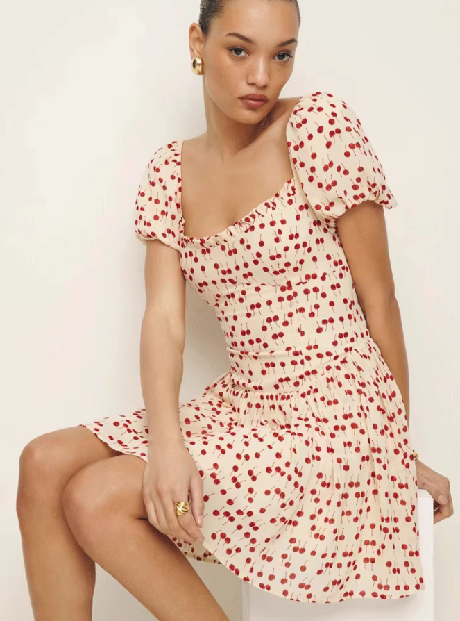Dress French Cherry Print Square Neck Puff Sleeves Ruffle Waist Short Skirt R2933