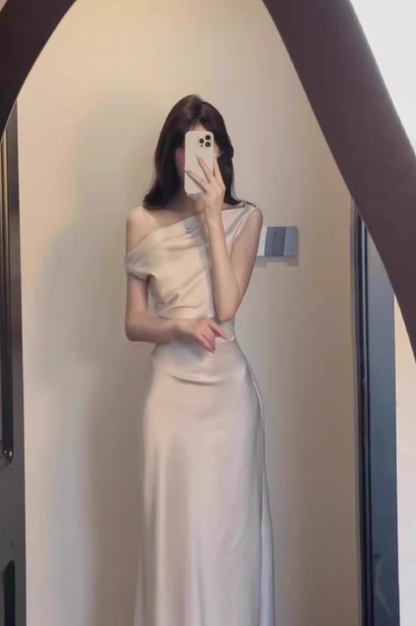 French style high-end sway collar off-shoulder dress waist-hugging hip acetate satin banquet dress R0426