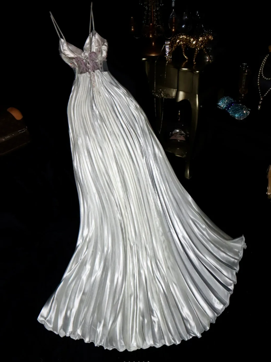 Stylish Silver Gray Spaghetti Straps Satin Pleated Beaded Mermaid Prom Dress Long Evening Dress SP875