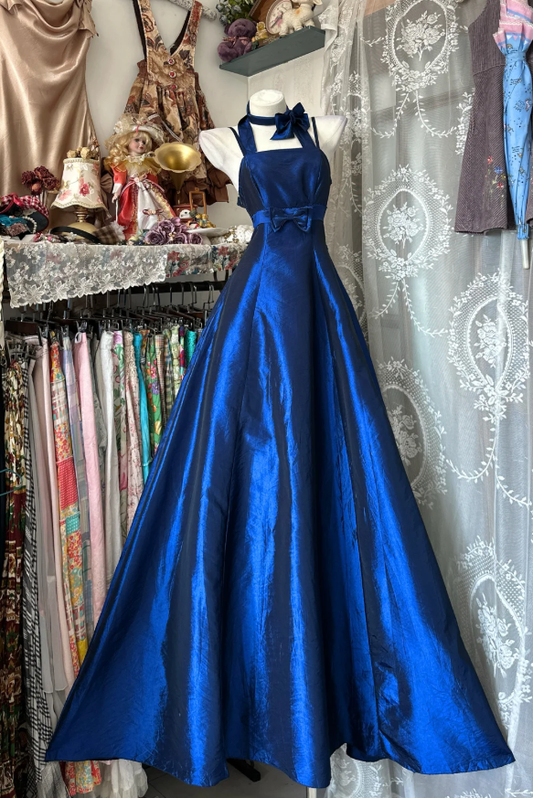 Retro Royal Blue Satin Bow A Line Long Birthday Party Dress Prom Gown