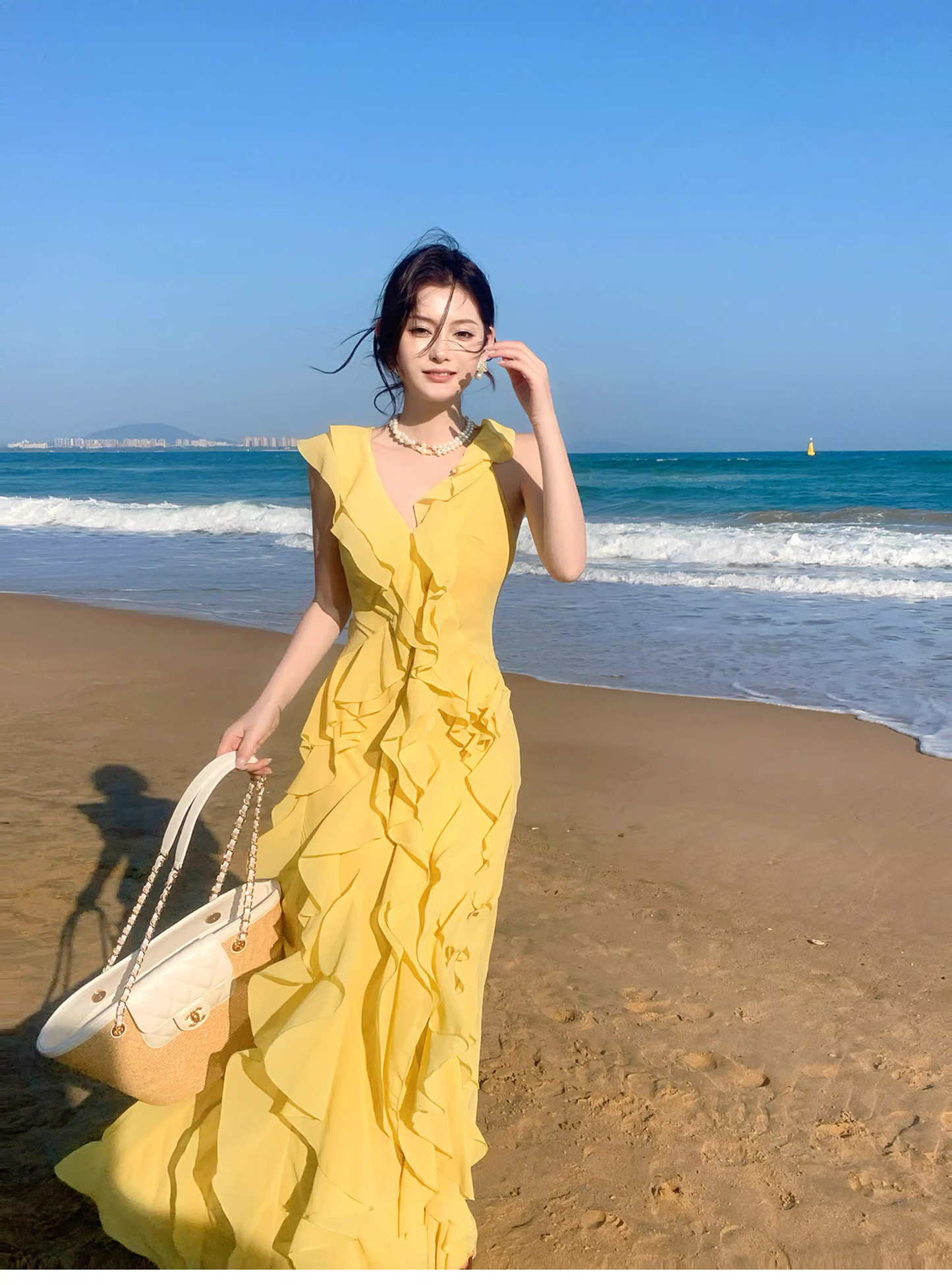 Classy Yellow Chiffon Layered Ruffles Mermaid Evening Dress Long Birthday Dress SP1648