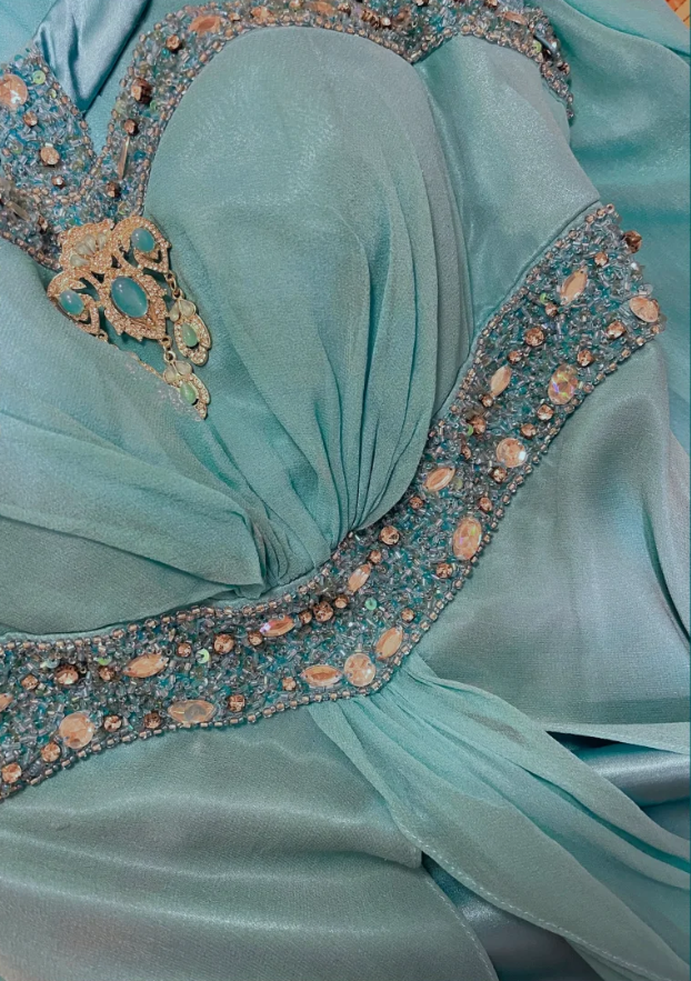 Retro Blue Satin Chiffon Beaded Mermaid Long Evening Dress Formal Wedding Guest Dress D2136