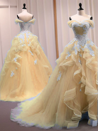 A-Line Sweetheart Neck Off Shoulder Tulle Lace Blue Long Prom Dress, Blue Sweet 16 Dress   fg5338