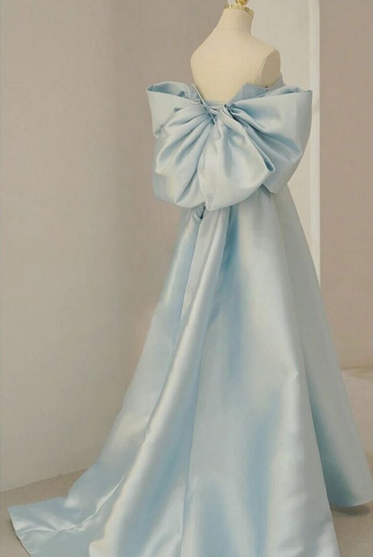 Sky Blue Long Satin Prom Dress With Big Bow In Back   fg7997