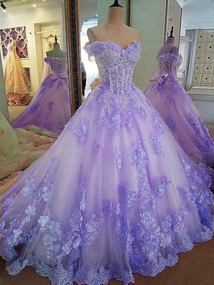 Sweet 16 Dresses Pink Lace Floral Prom Dresses Ball Gown Off The Shoulder Elegant Beaded Luxury Prom Gown