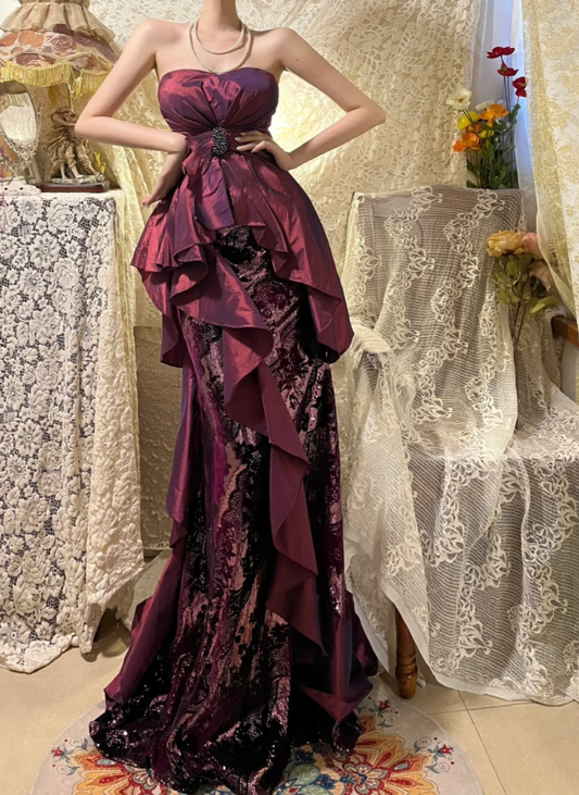 Vintage Burgundy Satin Lace Mermaid Evening Dress Strapless Long Party Gown