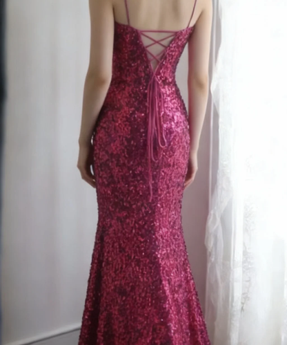 Sparkly Spaghetti Straps Hot Pink Sequin Mermaid Slit Evening Dress Long Wedding Guest Dress D2198