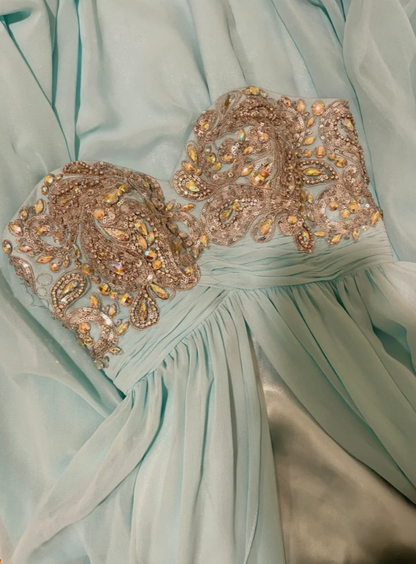 Pretty Strapless Blue Satin Chiffon Beaded Long Wedding Guest Dress Formal Birthday Party Dress D2132
