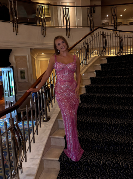 Gorgeous Pink Spaghetti Straps Sequin Beaded Long Evening Dress Formal Party Gown