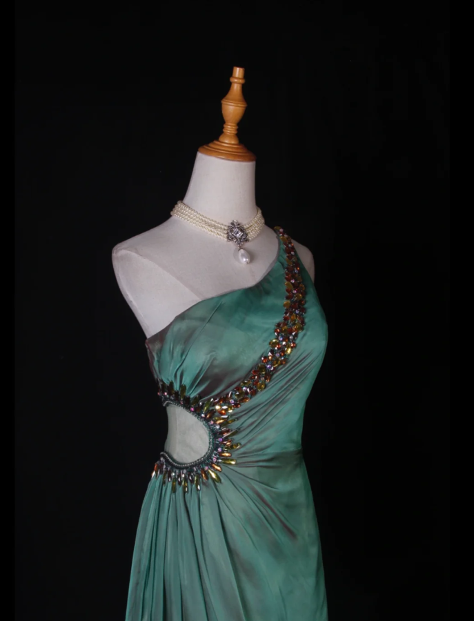 Vintage Green One Shoulder Satin Chiffon Beaded Mermaid Long Evening Dress Birthday Dress D2269