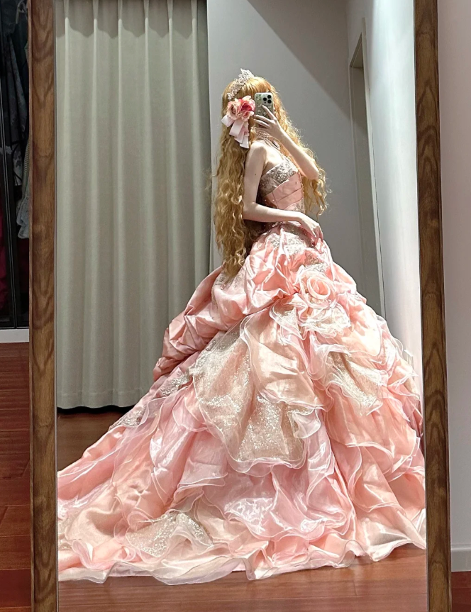 Retro Strapless Ball Gown Pink Satin Tulle Pleated Appliques Quinceanera Dress Sweet 16 Dress