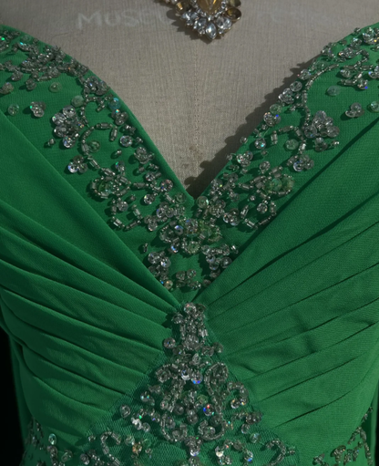 Stylish Green Satin Pleated Beaded Mermaid Long wedding Guest Dress Formal Evening Dress SP1387