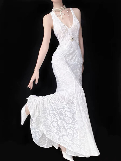 Classy V Neck White Lace Mermaid Long Evening Dress Party Gown