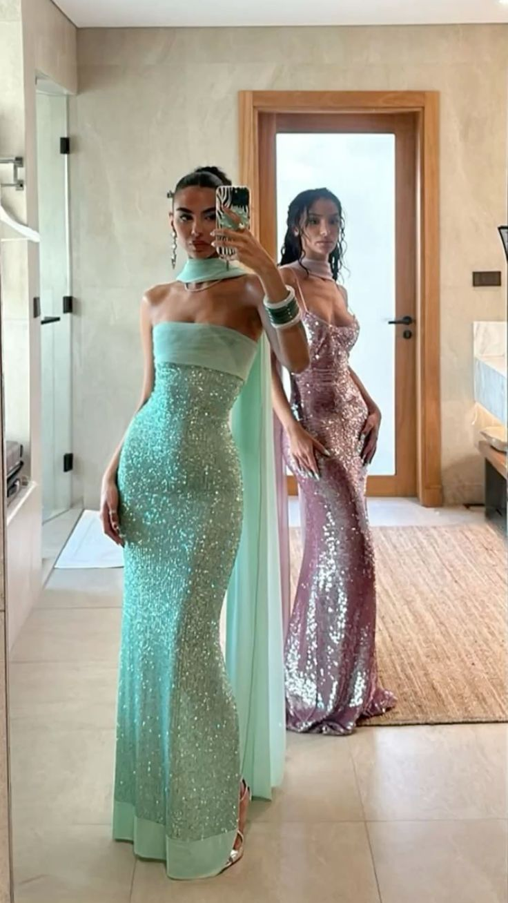 Sparkly Strapless Green Sequin Mermaid Prom Dress Long Party Gown With Ribbon