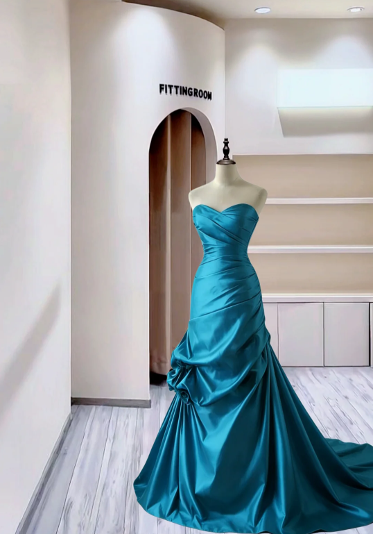 Classy Strapless Cerulean Blue Satin Pleated Mermaid Long Party Dress Formal Wedding Guest Dress D2389