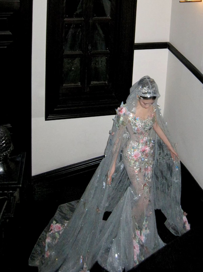 Glamorous Silver Tulle Sequin Beaded Butterfly Appliques Mermaid Long Wedding Dress Formal Bridal Dress D1978