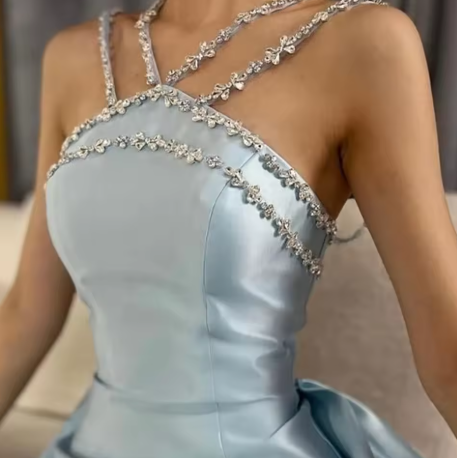 Gorgeous Blue Sleeveless Satin Beaded Mermaid Long Prom Dress Evening Gown