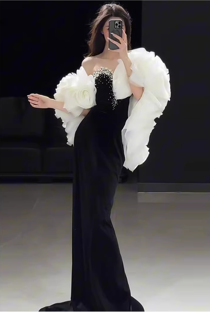 Gorgeous Strapless Black Velvet Beaded Mermaid Long Prom Dress Birthday Party Dress D2217