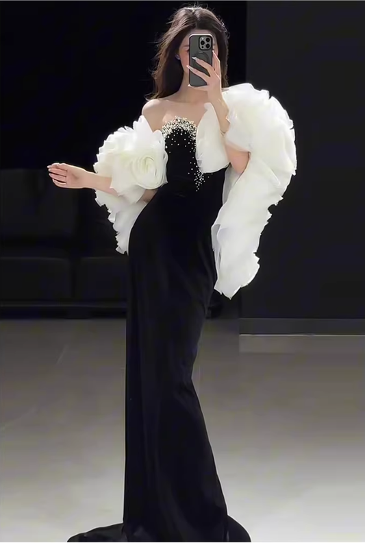 Gorgeous Strapless Black Velvet Beaded Mermaid Long Prom Dress Birthday Party Dress D2217
