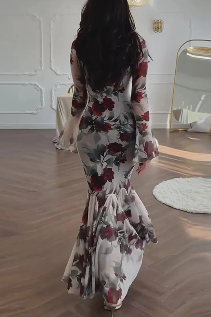 Vintage Flowers Print Mermaid Square Neck Long Evening Dress Formal Prom Dress Y7740