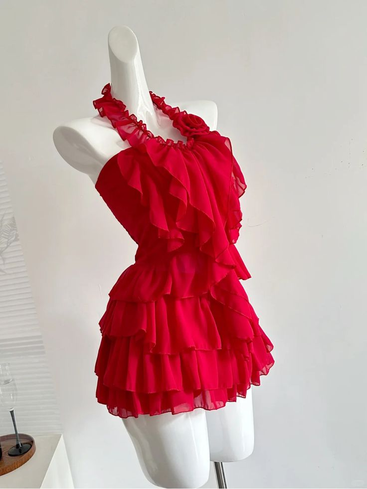 Beautiful Red Halter Chiffon Ruffle Formal Birthday Dress Short Vacation Dress  D435