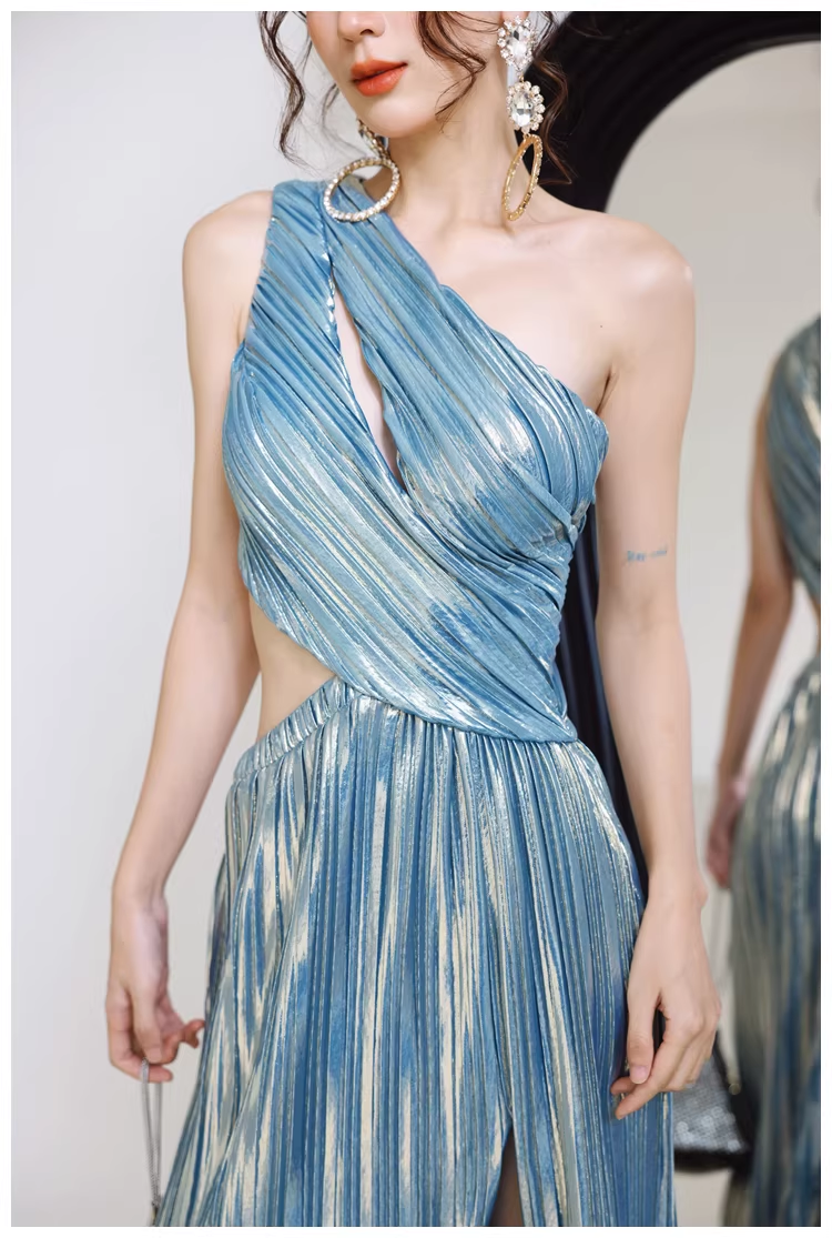 Sexy One Shoulder Satin Pleated Slit Long Wedding Guest Dress Blue Birthday Prom Dress Evening Gown