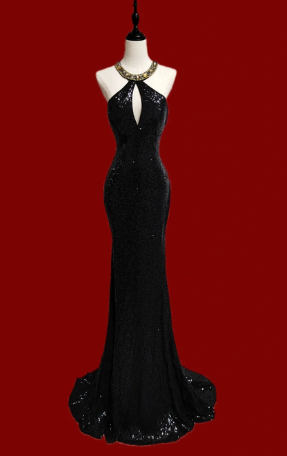 Sexy Black Halter Sequin Beaded Mermaid Prom Dress Backless Long Birthday Party Dress SP506