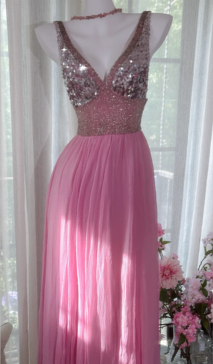 Pretty Pink V Neck Sequin Chiffon A Line Long Wedding Guest Dress Formal Party Dress Prom Dresses D2093