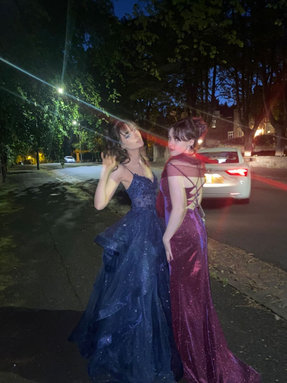 Shiny Spaghetti Straps Navy Blue Tulle Sequin Appliques Long Party Dress Evening Gown