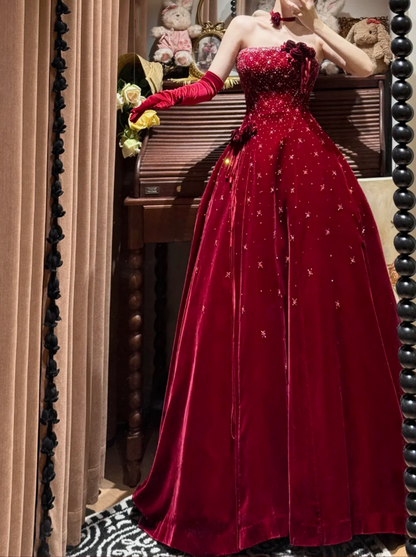 Pretty Burgundy Strapless Velvet Beaded Long Birthday Party Dress Evening Dress D2040