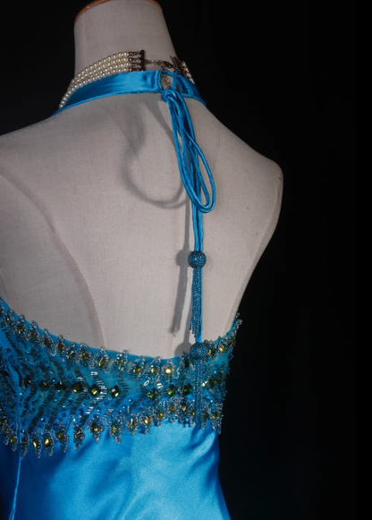 Elegant Halter V Neck Satin Beaded Prom Dress Blue Mermaid Slit Long Party Gowns