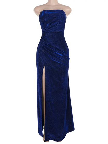 Vintage Blue Sheath Slit Evening Gown Strapless Prom Party Dress cc2297