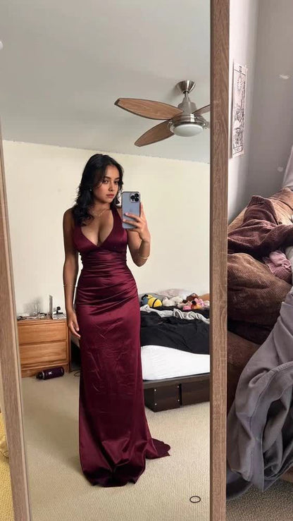 Simple Burgundy V Neck Long Party Dress Formal Prom Dress      fg6917