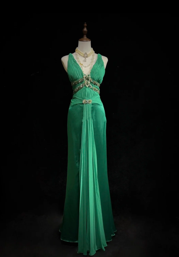 Elegant V Neck Green Satin Beaded Mermaid Long Wedding Guest Dress Formal Birthday Party Dress D1992