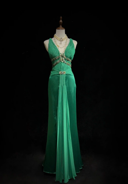Elegant V Neck Green Satin Beaded Mermaid Long Wedding Guest Dress Formal Birthday Party Dress D1992