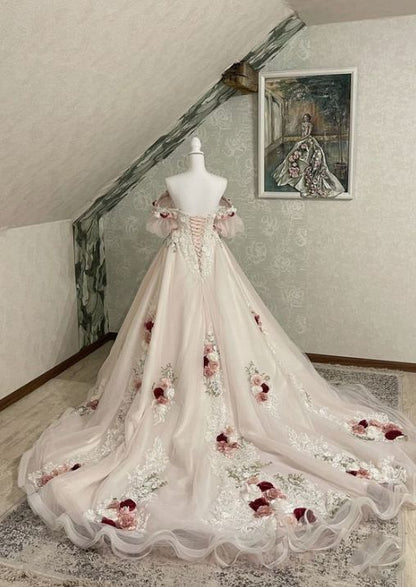 Vintage 3D Florals Wedding Dresses Half Sleeves Light Pink Lace Bridal Gowns    S6641
