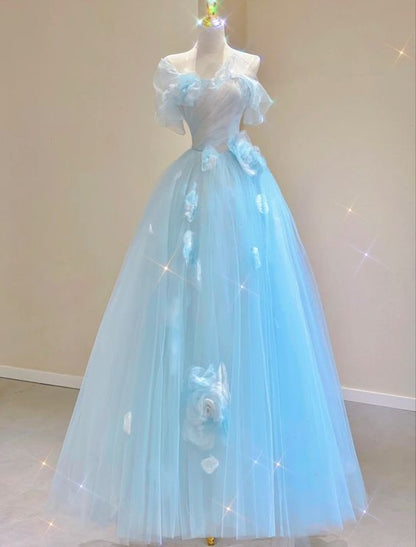 A line Blue Floral Prom Dresses Evening Dress     S6650