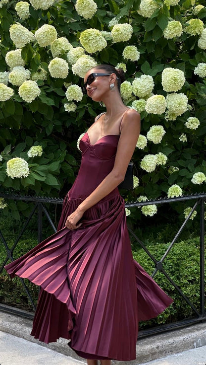 Elegant  Burgundy Pleated Evening Dress Sleeveless Women Sexy Party Dresses      S6775