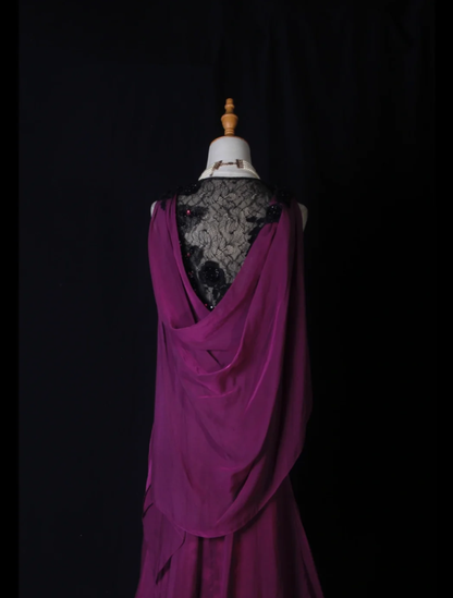 Elegant Sleeveless Purple Chiffon Lace Mermaid Long Party Dress Evening Gown With Beaded