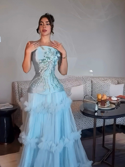 Pretty Blue Strapless Satin Tulle Appliques Mermaid Evening Dress Long Prom Dress D879