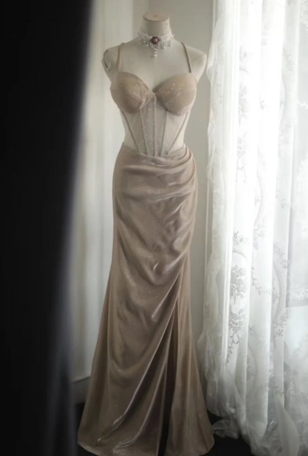 Glitter Spaghetti Straps Satin Beaded Mermaid Slit Evening Dress Long Prom Dress D2320